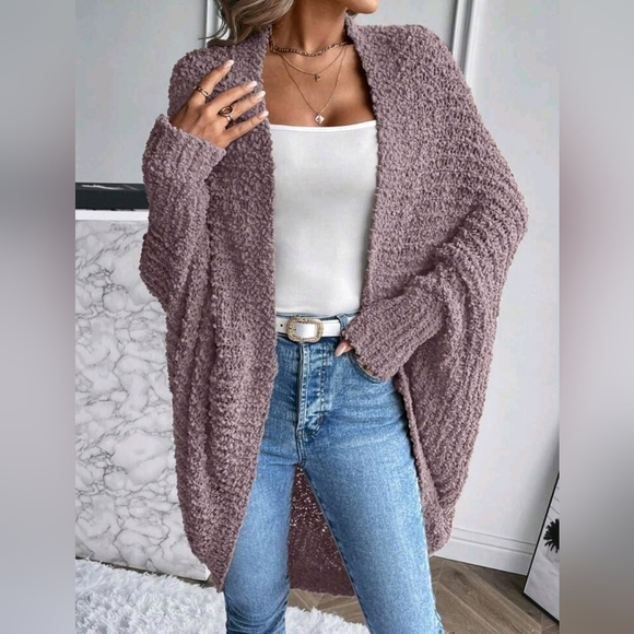 NEW Chic Textured Knit Cocoon Cardigan Sweater Muted Purple - Picture 6 of 8